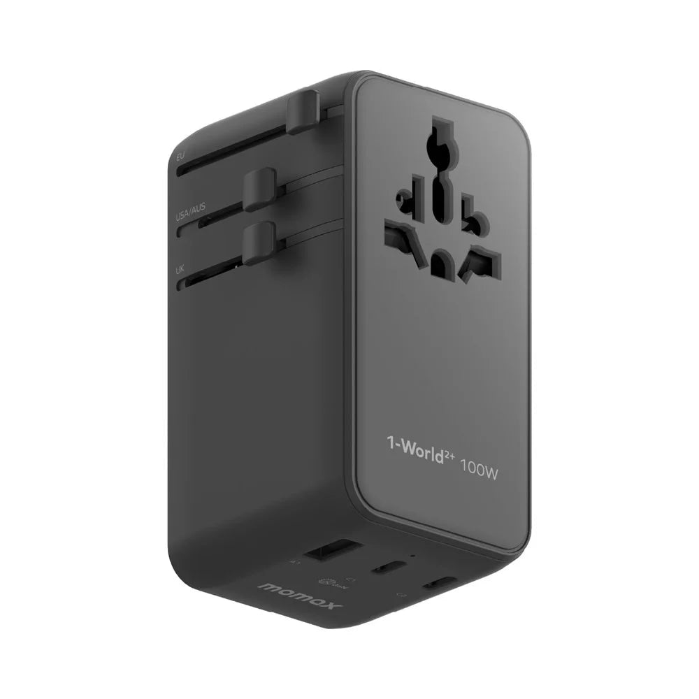 MOMAX 1-World 2 GaN Global Travel Adapter 100W International Wall Charger with Built-In Cable - Black - 2