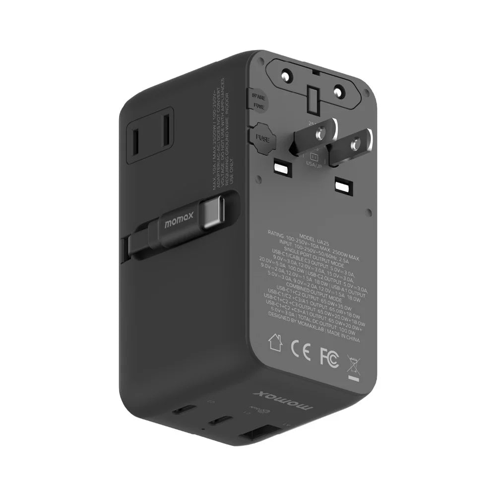 MOMAX 1-World 2 GaN Global Travel Adapter 100W International Wall Charger with Built-In Cable - Black - 3