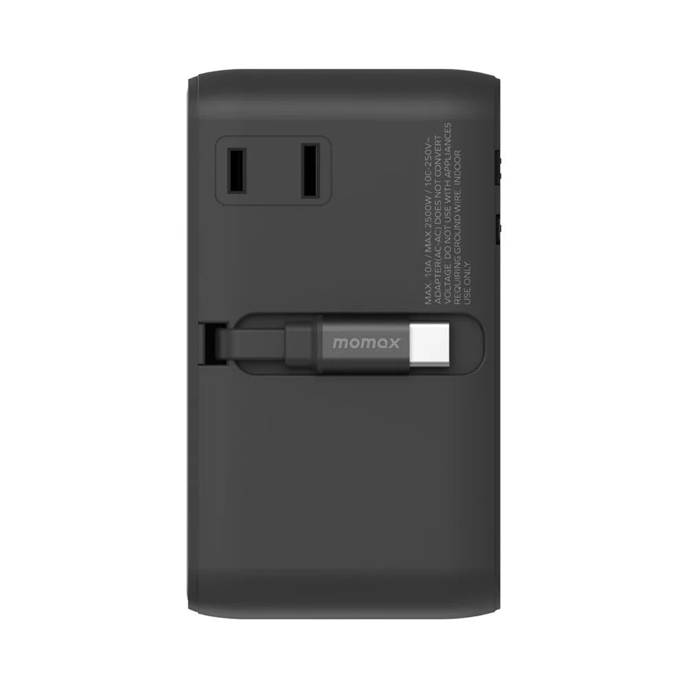 MOMAX 1-World 2 GaN Global Travel Adapter 100W International Wall Charger with Built-In Cable - Black - 6