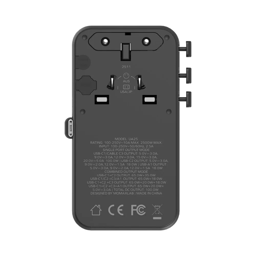 MOMAX 1-World 2 GaN Global Travel Adapter 100W International Wall Charger with Built-In Cable - Black - 7
