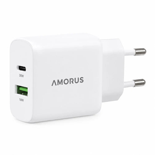 AMORUS PD 30W Type-C + QC 18W USB-A Dual Port GaN Power Adapter Fast Charging Wall Charger for Phone Tablet - EU Plug - 1