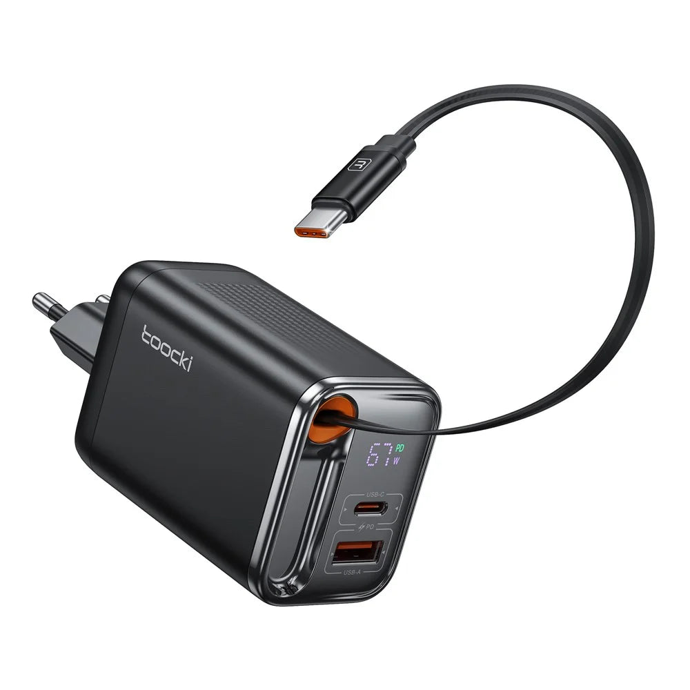 TOOCKI TCT67-34B1 67W Fast Charger Digital Display USB-A USB-C Port Power Supply with Retractable USB-C Cable - 1
