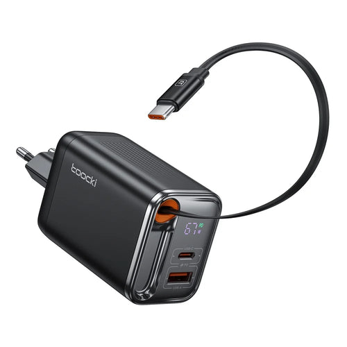 TOOCKI TCT67-34B1 67W Fast Charger Digital Display USB-A USB-C Port Power Supply with Retractable USB-C Cable - 1