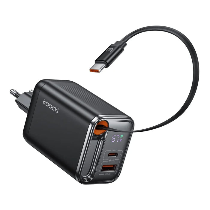 TOOCKI TCT67-34B1 67W Fast Charger Digital Display USB-A USB-C Port Power Supply with Retractable USB-C Cable - 1