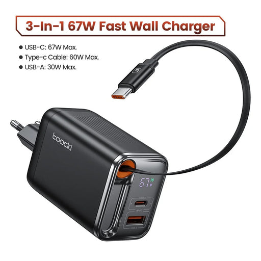 TOOCKI TCT67-34B1 67W Fast Charger Digital Display USB-A USB-C Port Power Supply with Retractable USB-C Cable - 2