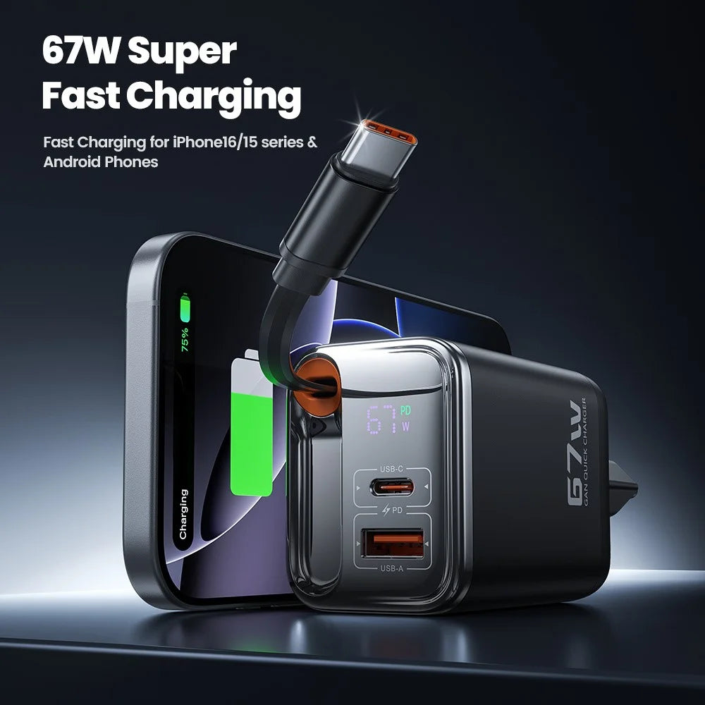 TOOCKI TCT67-34B1 67W Fast Charger Digital Display USB-A USB-C Port Power Supply with Retractable USB-C Cable - 3