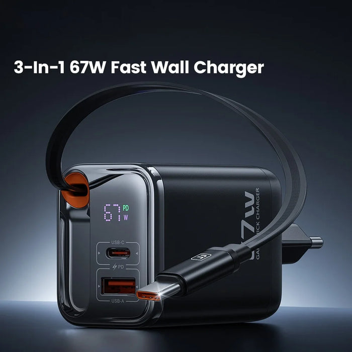 TOOCKI TCT67-34B1 67W Fast Charger Digital Display USB-A USB-C Port Power Supply with Retractable USB-C Cable - 4