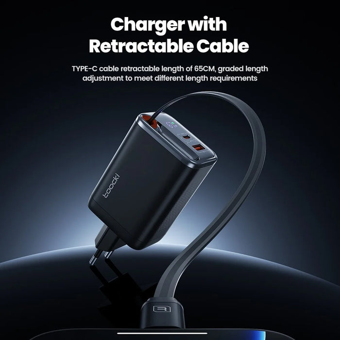 TOOCKI TCT67-34B1 67W Fast Charger Digital Display USB-A USB-C Port Power Supply with Retractable USB-C Cable - 5