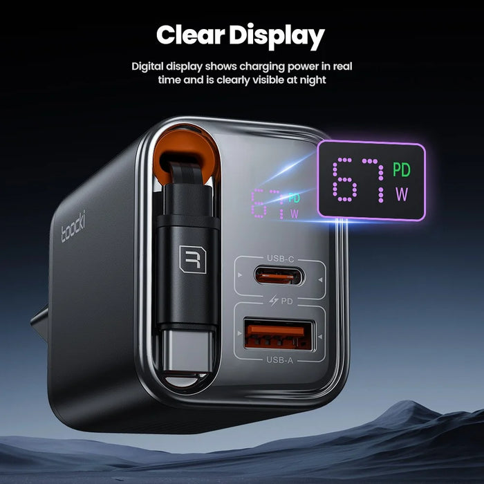TOOCKI TCT67-34B1 67W Fast Charger Digital Display USB-A USB-C Port Power Supply with Retractable USB-C Cable - 6