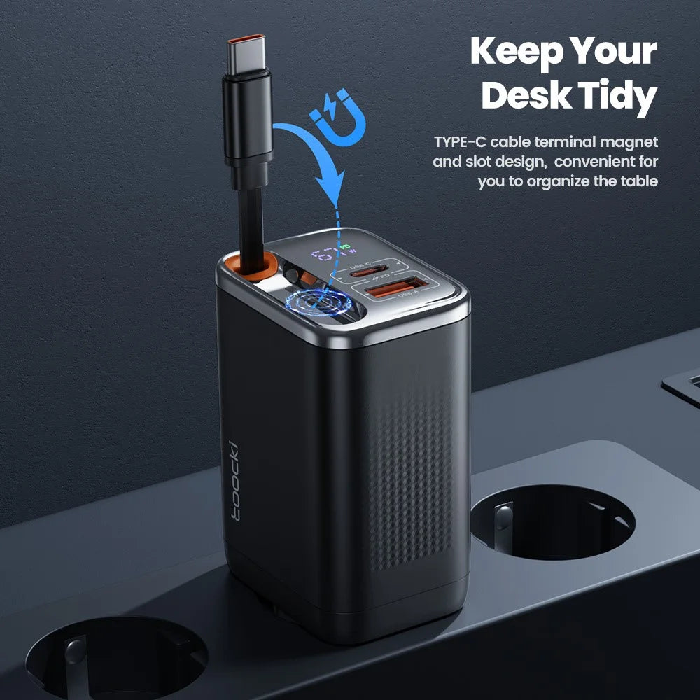 TOOCKI TCT67-34B1 67W Fast Charger Digital Display USB-A USB-C Port Power Supply with Retractable USB-C Cable - 7