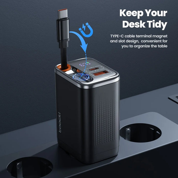 TOOCKI TCT67-34B1 67W Fast Charger Digital Display USB-A USB-C Port Power Supply with Retractable USB-C Cable - 7