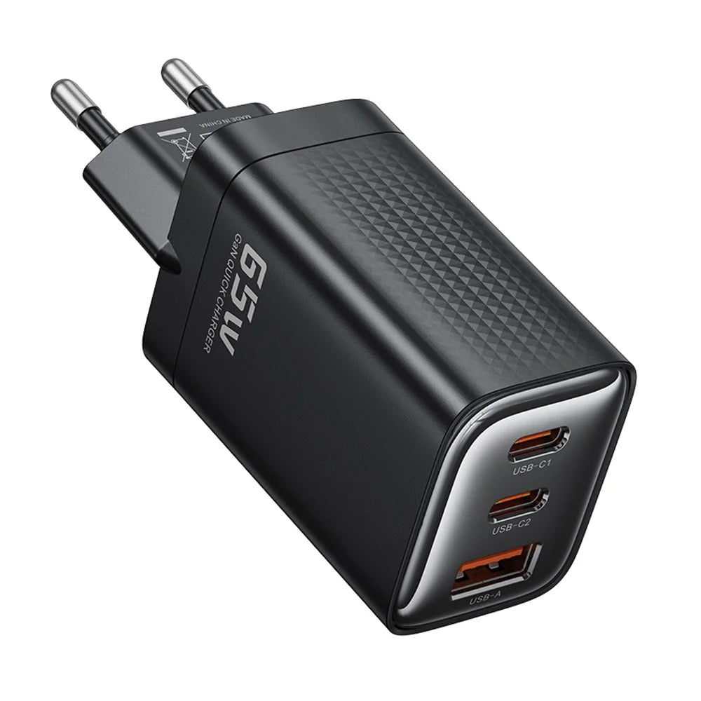 TOOCKI TCT65 65W Wall Charger 2C1A Fast Charging Multi Port USB C Power Adapter - Black  /  EU Plug - 1