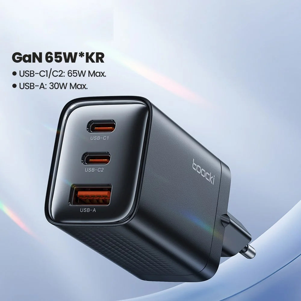 TOOCKI TCT65 65W Wall Charger 2C1A Fast Charging Multi Port USB C Power Adapter - Black  /  EU Plug - 2