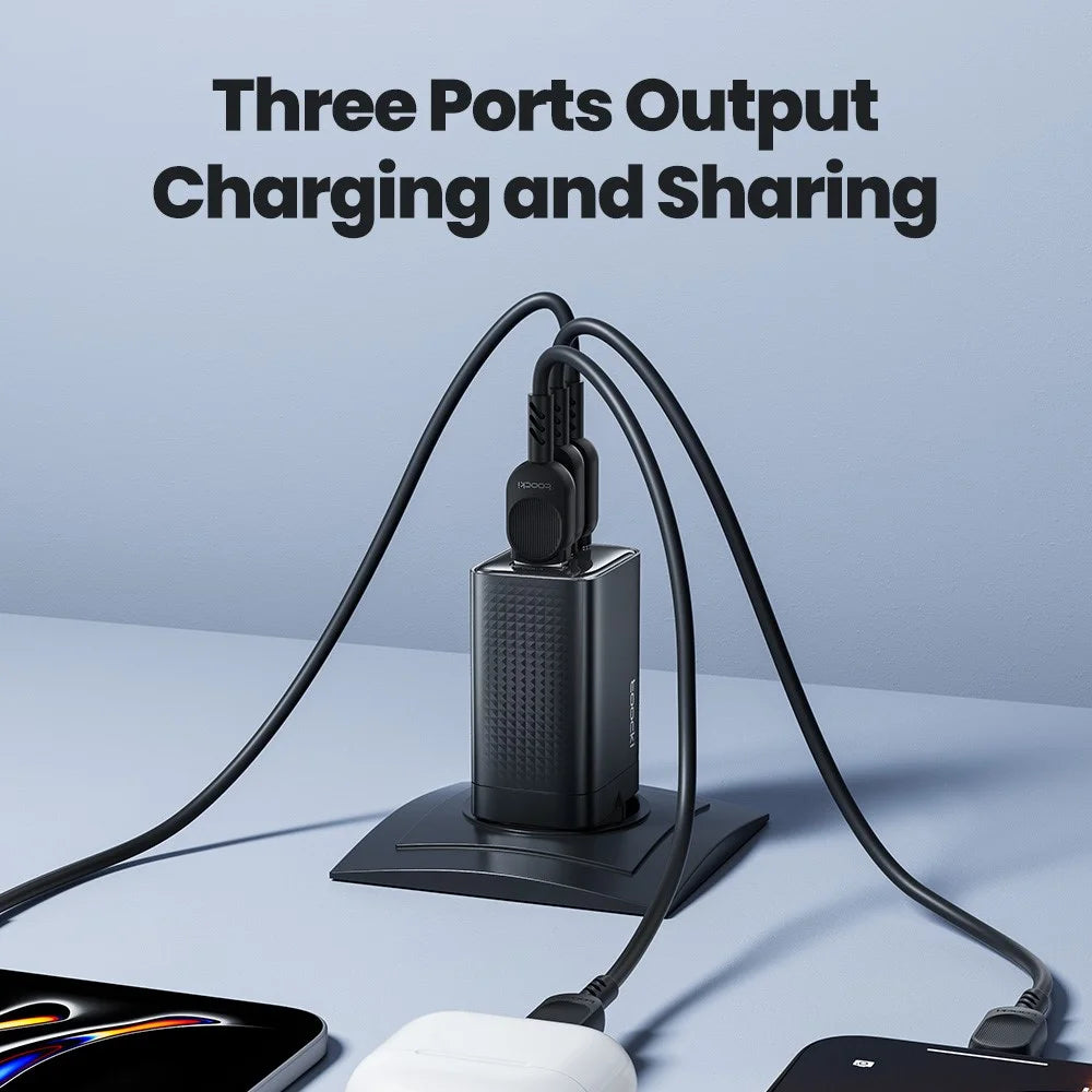 TOOCKI TCT65 65W Wall Charger 2C1A Fast Charging Multi Port USB C Power Adapter - Black  /  EU Plug - 3