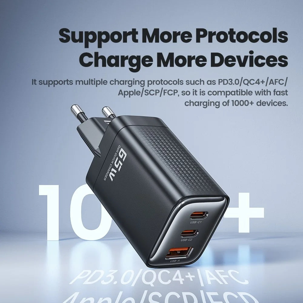 TOOCKI TCT65 65W Wall Charger 2C1A Fast Charging Multi Port USB C Power Adapter - Black  /  EU Plug - 7