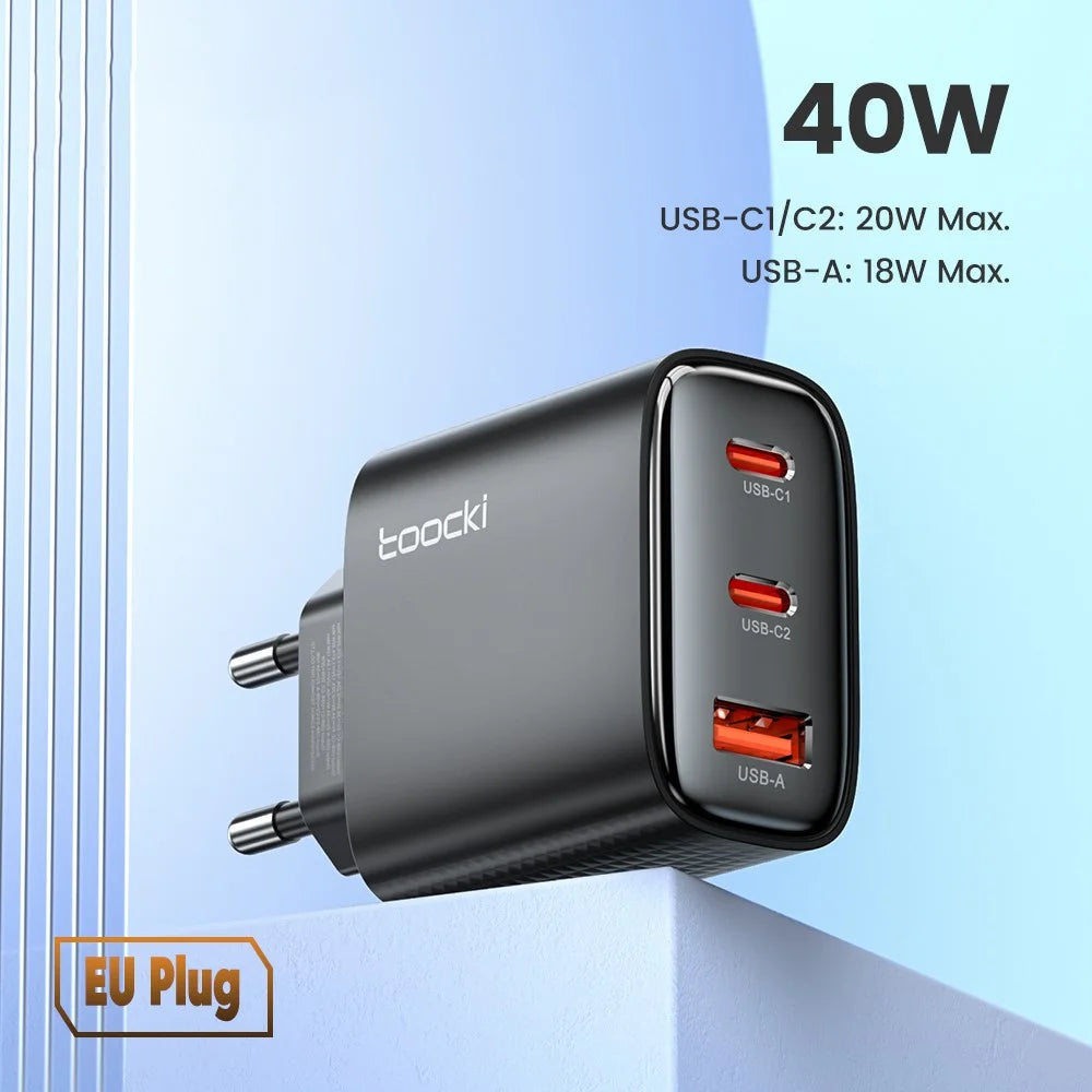 TOOCKI TCT40 40W Wall Charger 2C1A Fast Charging Multi-Port USB Power Adapter - Black  /  EU Plug - 3
