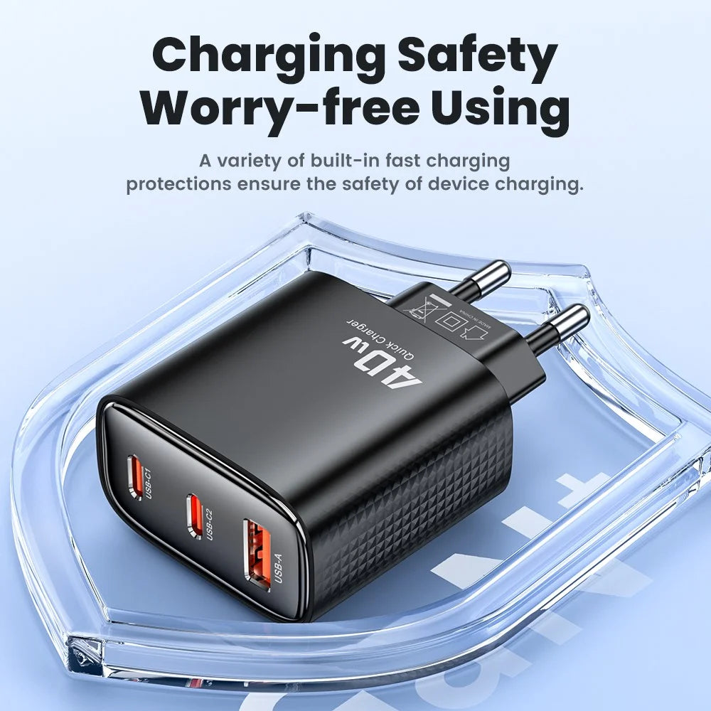 TOOCKI TCT40 40W Wall Charger 2C1A Fast Charging Multi-Port USB Power Adapter - Black  /  EU Plug - 4