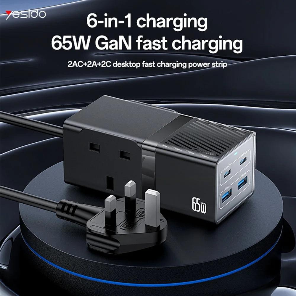 YESIDO MC38 65W GaN Power Strip USB-C USB-A Fast Charger Multi Device Charging Station - UK Plug - 2