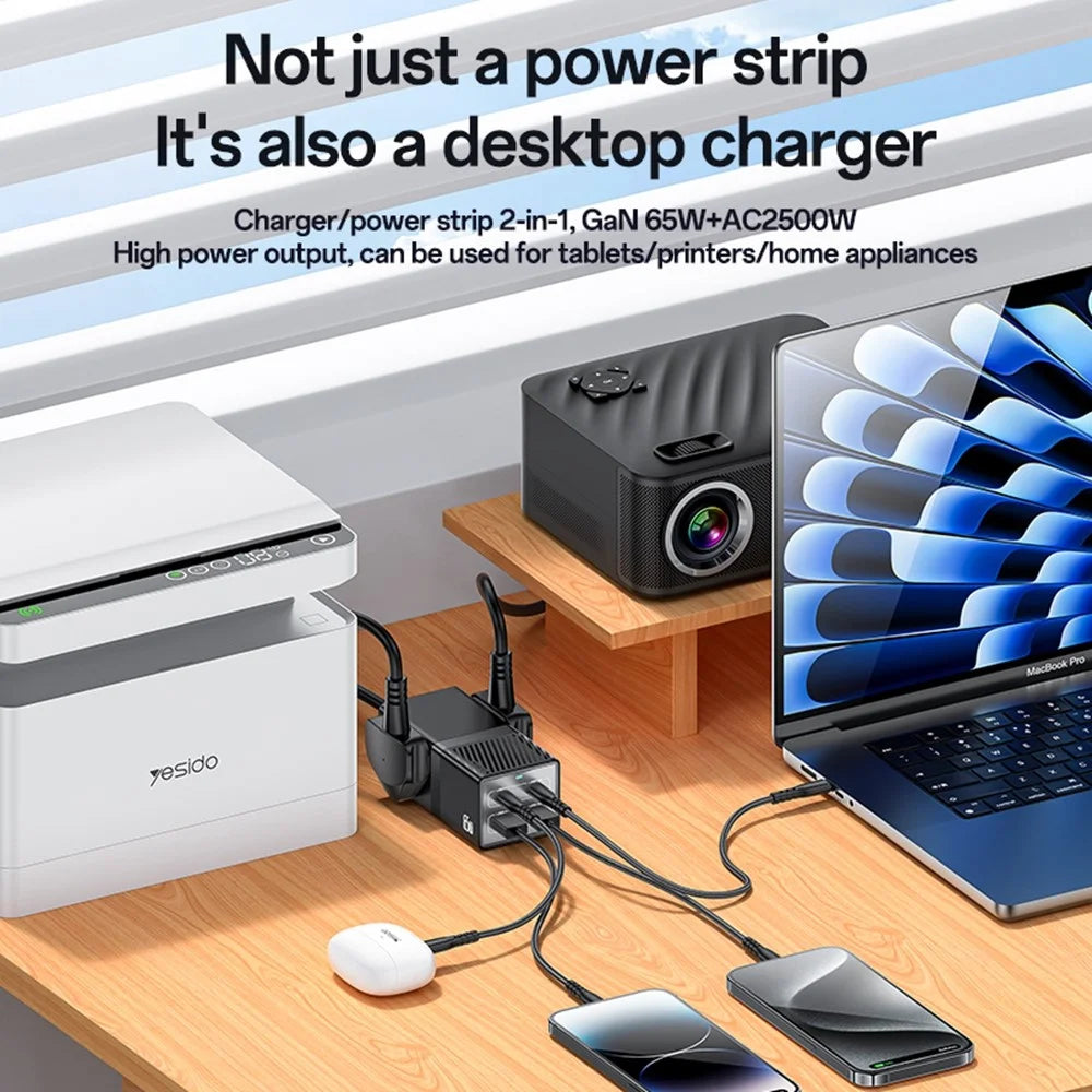 YESIDO MC38 65W GaN Power Strip USB-C USB-A Fast Charger Multi Device Charging Station - UK Plug - 3