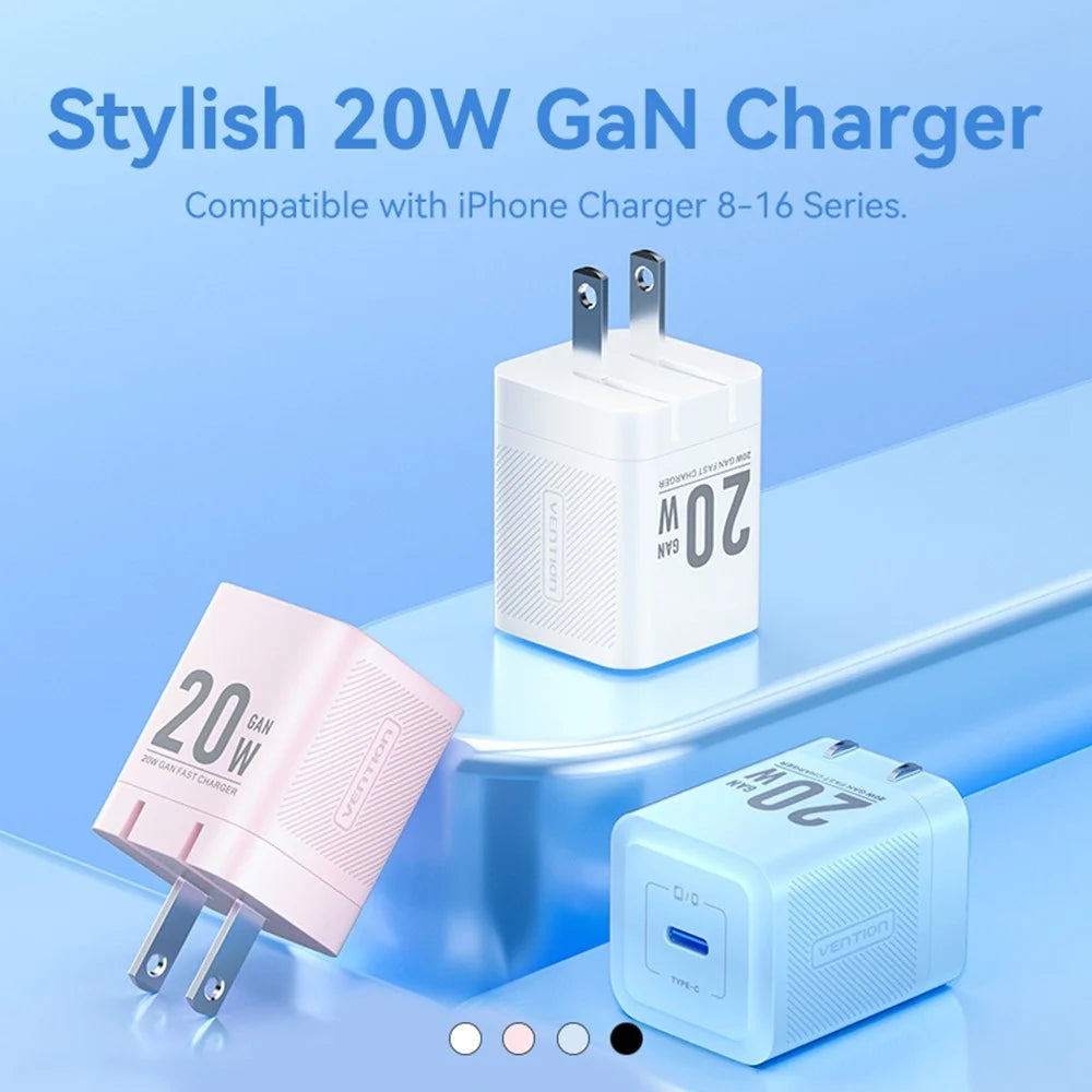 VENTION FEP Series US Plug 20W Fast Charging GaN Wall Charger Portable USB Power Adapter - White - 4