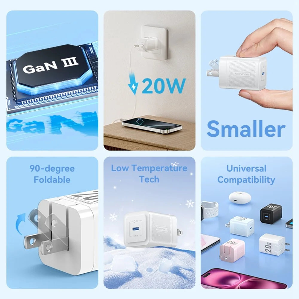 VENTION FEP Series US Plug 20W Fast Charging GaN Wall Charger Portable USB Power Adapter - White - 5