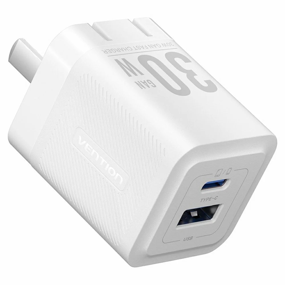 VENTION FEQ Series 30W Fast Charging Adapter USB A + Type C Dual Port GaN Charger, US Plug - White - 1
