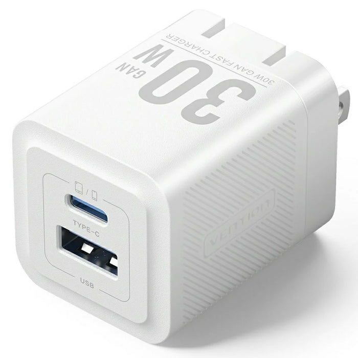 VENTION FEQ Series 30W Fast Charging Adapter USB A + Type C Dual Port GaN Charger, US Plug - White - 2