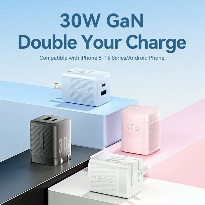 VENTION FEQ Series 30W Fast Charging Adapter USB A + Type C Dual Port GaN Charger, US Plug - White - 3