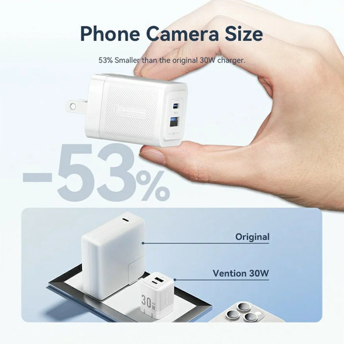 VENTION FEQ Series 30W Fast Charging Adapter USB A + Type C Dual Port GaN Charger, US Plug - White - 6
