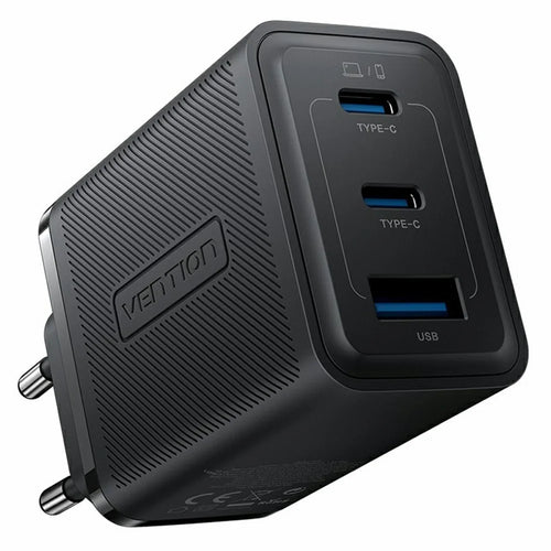 VENTION FER Series 65W Fast Charging GaN Charger USB A + 2 Type C 3 Ports Power Adapter, EU Plug - Black - 1