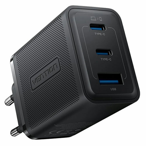 VENTION FER Series 65W Fast Charging GaN Charger USB A + 2 Type C 3 Ports Power Adapter, EU Plug - Black - 1