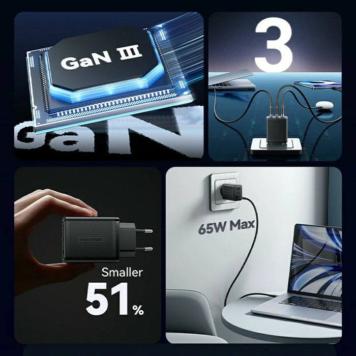 VENTION FER Series 65W Fast Charging GaN Charger USB A + 2 Type C 3 Ports Power Adapter, EU Plug - Black - 4