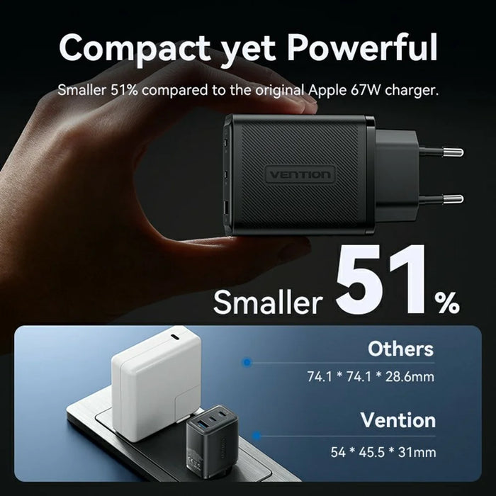 VENTION FER Series 65W Fast Charging GaN Charger USB A + 2 Type C 3 Ports Power Adapter, EU Plug - Black - 6