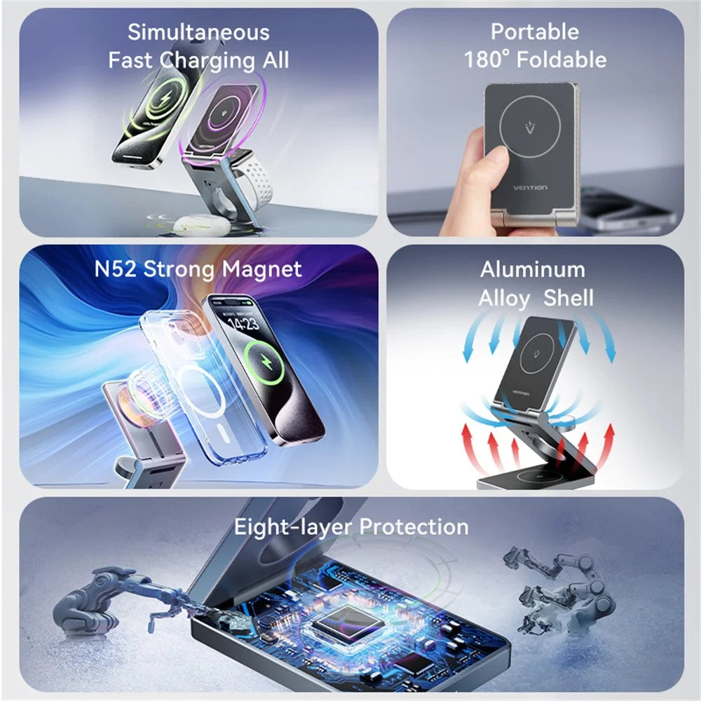 VENTION FGF Series 3 in 1 15W Fast Charger for Mobile Phone  /  Watch  /  Earphones Magnetic Wireless Charging Stand - 4