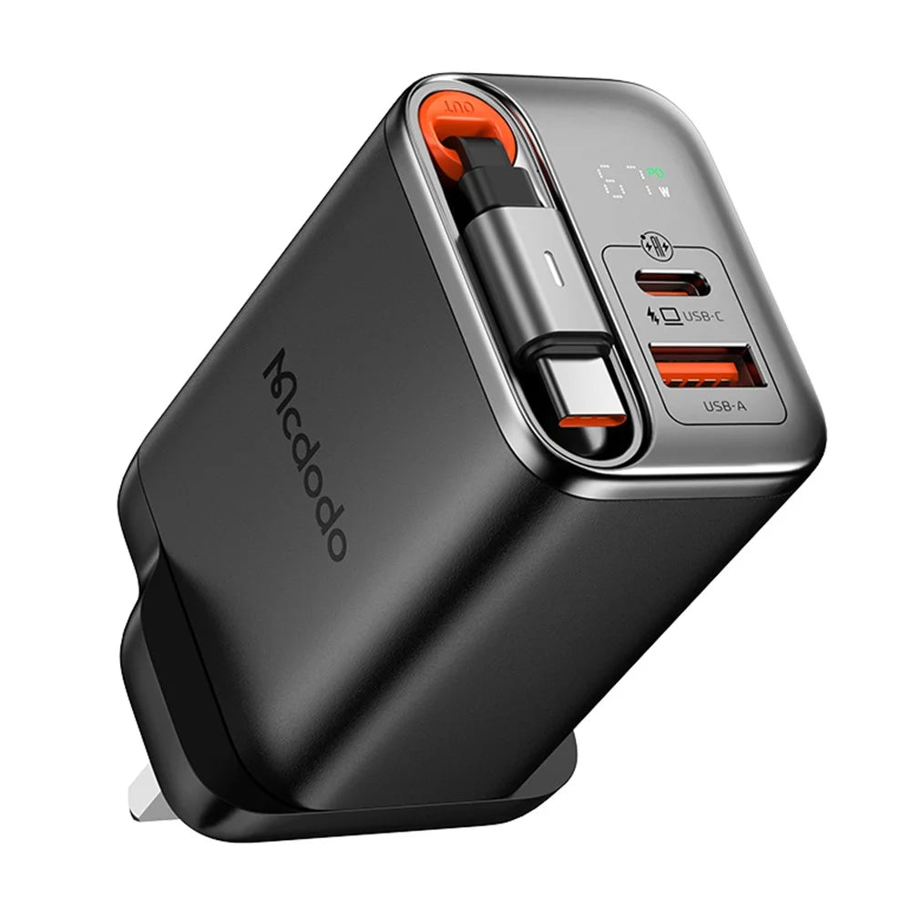 MCDODO CH-409 FreeGo 67W GaN Charger USB-C USB-A Power Adapter with Built-in Retractable Cable, UK Plug - Black - 1