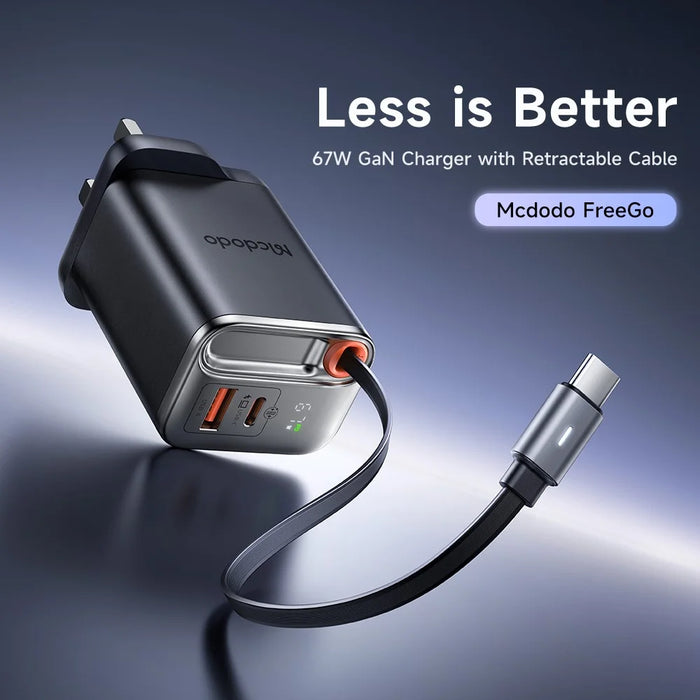 MCDODO CH-409 FreeGo 67W GaN Charger USB-C USB-A Power Adapter with Built-in Retractable Cable, UK Plug - Black - 2