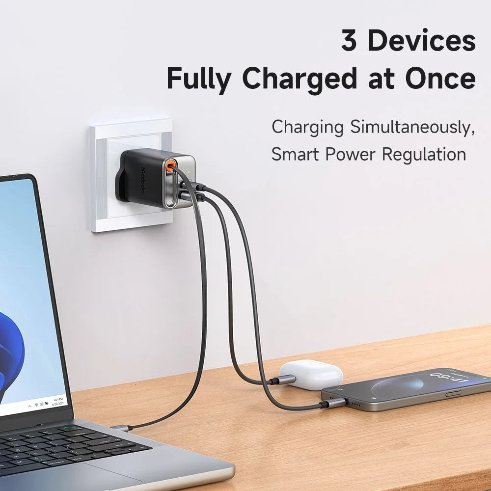 MCDODO CH-409 FreeGo 67W GaN Charger USB-C USB-A Power Adapter with Built-in Retractable Cable, UK Plug - Black - 6