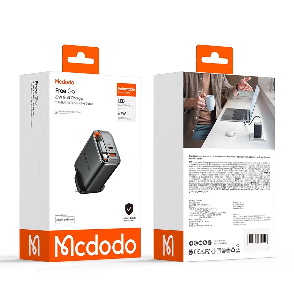 MCDODO CH-409 FreeGo 67W GaN Charger USB-C USB-A Power Adapter with Built-in Retractable Cable, UK Plug - Black - 7