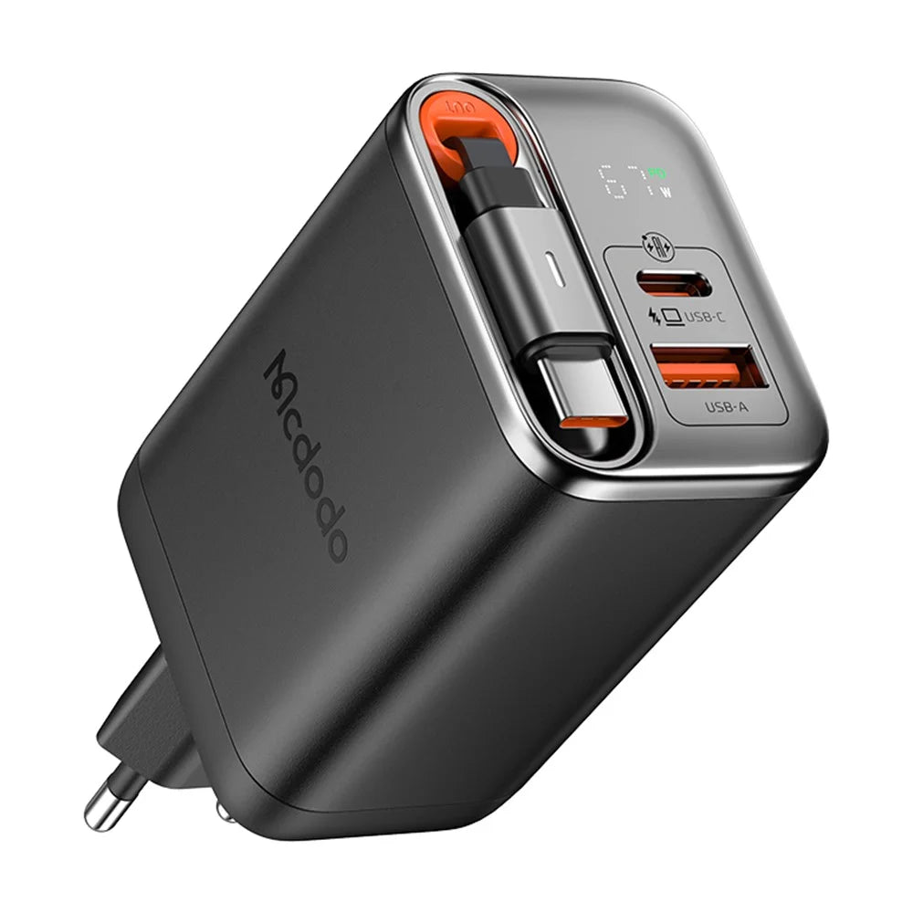 MCDODO CH-410 FreeGo 67W GaN Charger USB-C USB-A Power Adapter with Built-in Retractable Cable, EU Plug - Black - 1