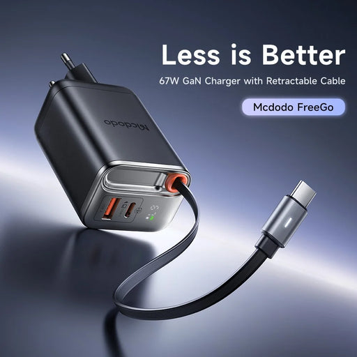 MCDODO CH-410 FreeGo 67W GaN Charger USB-C USB-A Power Adapter with Built-in Retractable Cable, EU Plug - Black - 2