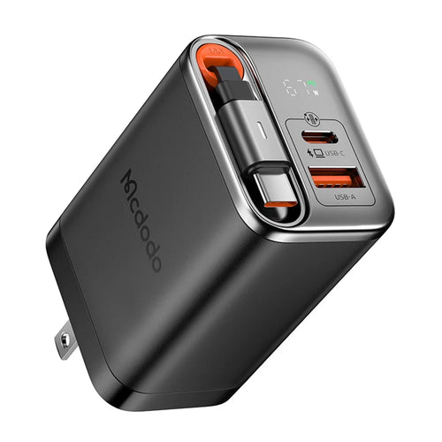 MCDODO CH-411 FreeGo 67W GaN Charger USB-C USB-A Power Adapter with Built-in Retractable Cable, US Plug - Black - 1