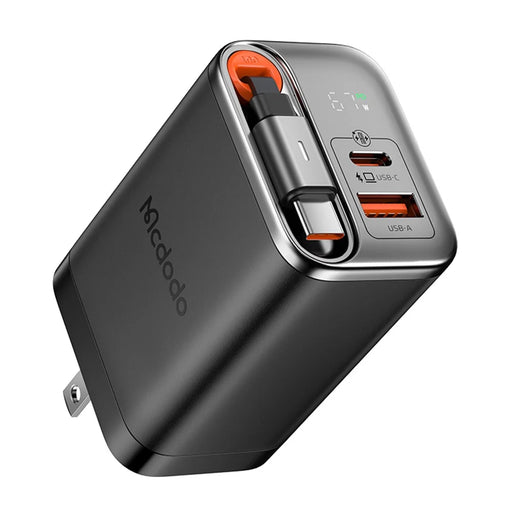 MCDODO CH-411 FreeGo 67W GaN Charger USB-C USB-A Power Adapter with Built-in Retractable Cable, US Plug - Black - 1