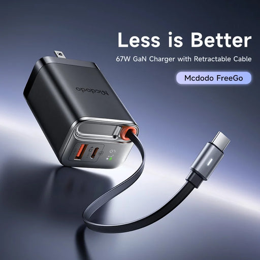 MCDODO CH-411 FreeGo 67W GaN Charger USB-C USB-A Power Adapter with Built-in Retractable Cable, US Plug - Black - 2