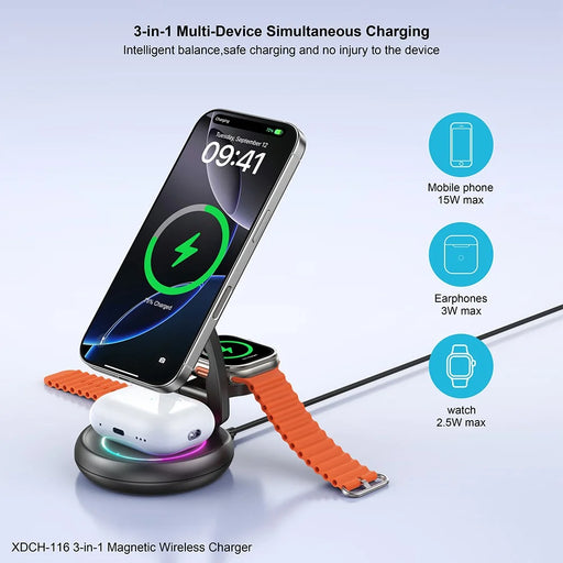 XUNDD XDCH-116 3 in 1 Magnetic Wireless Charger for Mobile Phone / Earphones / Watch Folding Desktop Charging Dock - 2