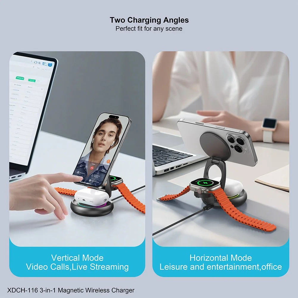XUNDD XDCH-116 3 in 1 Magnetic Wireless Charger for Mobile Phone / Earphones / Watch Folding Desktop Charging Dock - 3