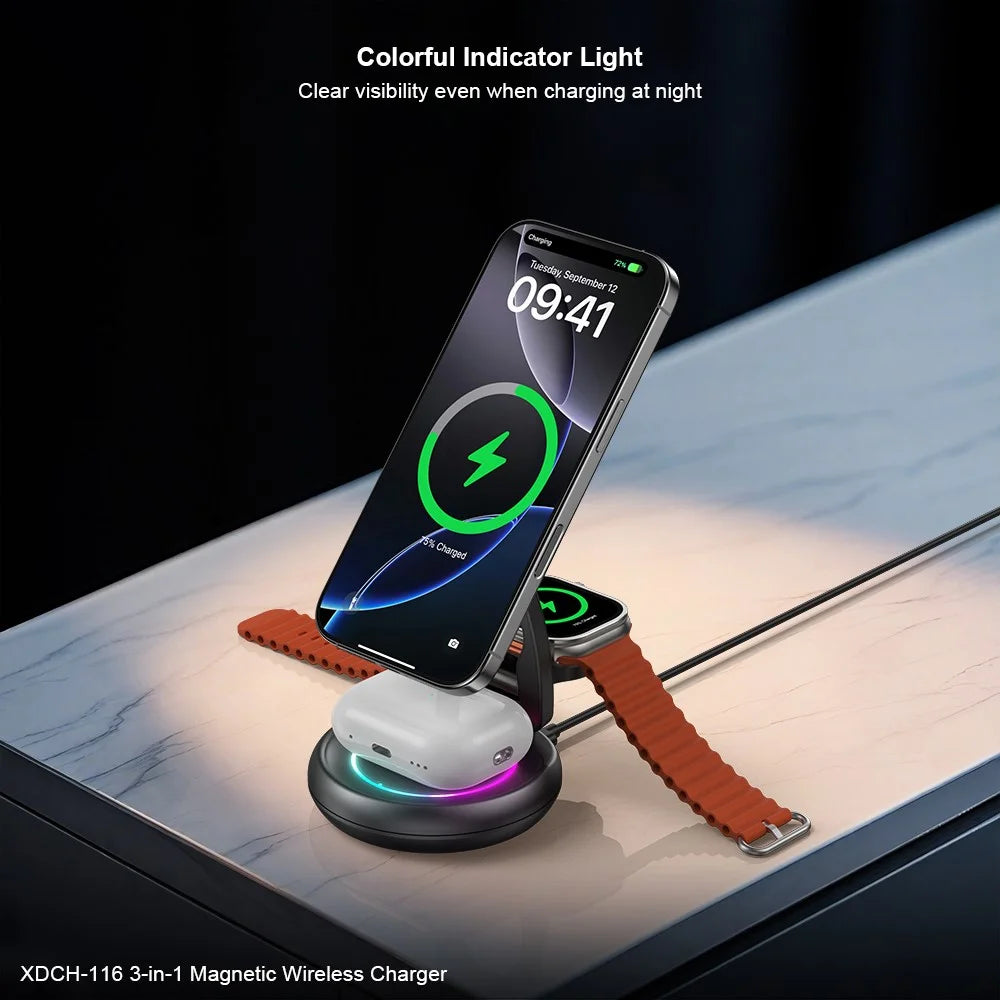 XUNDD XDCH-116 3 in 1 Magnetic Wireless Charger for Mobile Phone / Earphones / Watch Folding Desktop Charging Dock - 7
