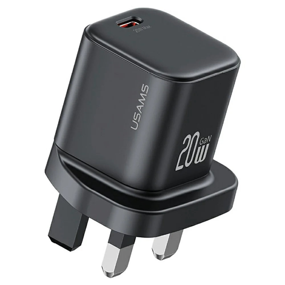 USAMS CC274 20W GaN Mini Fast Charger Type-C Port Output Adapter, UK Plug - Black - 1