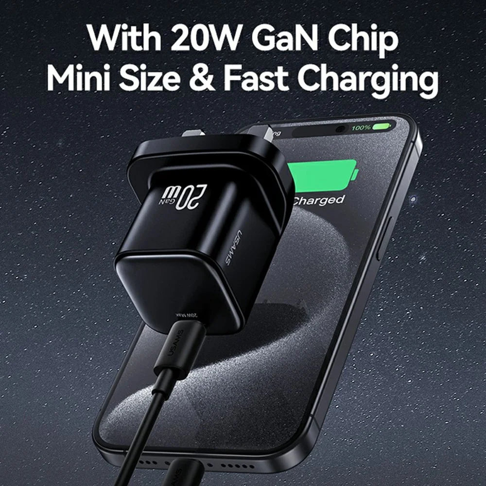 USAMS CC274 20W GaN Mini Fast Charger Type-C Port Output Adapter, UK Plug - Black - 2
