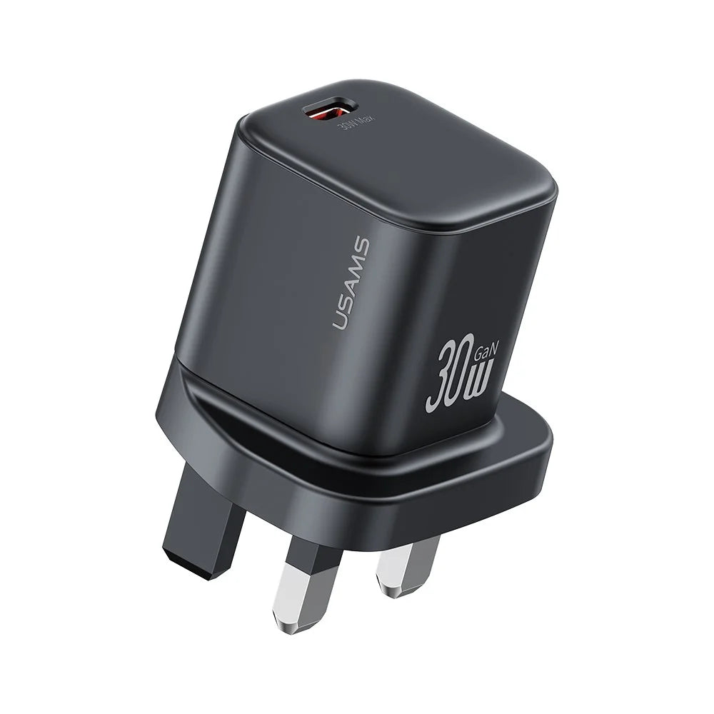 USAMS CC276 30W GaN Mini Fast Charger Type-C Port Power Adapter, UK Plug - Black - 1