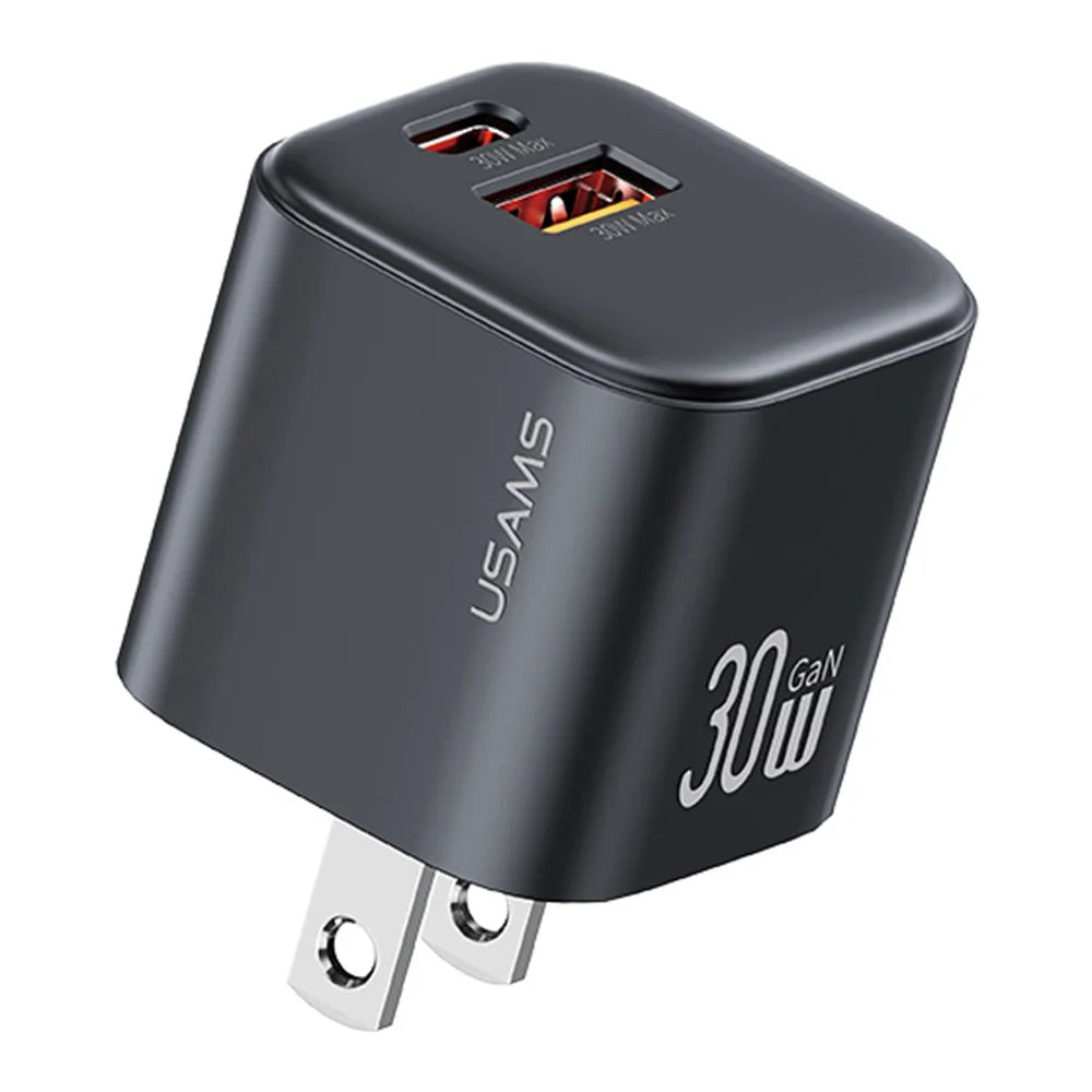 USAMS CC270 30W GaN Mini Dual Port Fast Charger USB-A + Type-C Power Adapter, US Plug - Black - 1